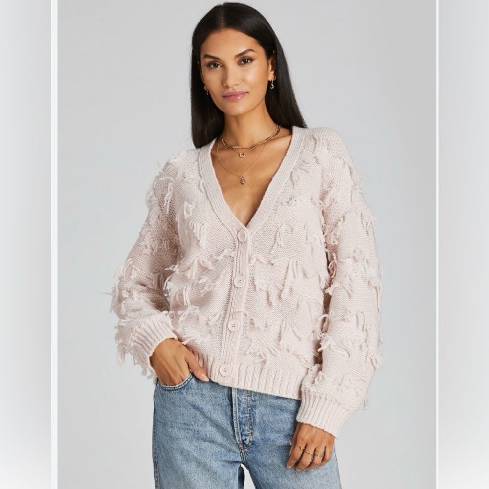 525 Fringe Cardigan Sweater In Bare Size Large Ivory Off White V- Neck B…